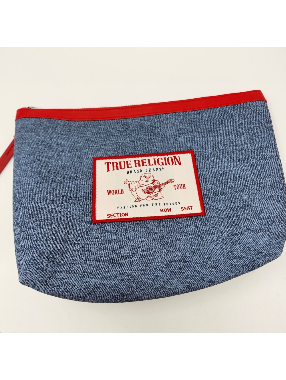 True Religion Denim Cosmetic Pouch Red Zip Travel Makeup Bag